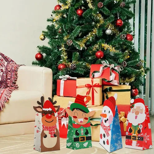 Miniatura 7 de FEBSNOW 24 bolsas de regalo de Navidad con 24 piezas de pegatinas, bolsas de dulces navideños, bolsas de envoltura de galletas navideñas, bolsas