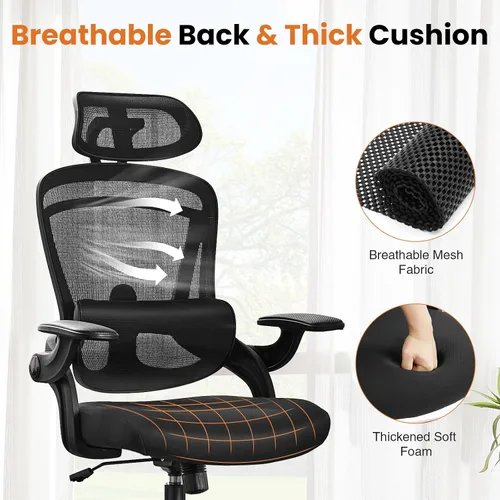 Miniatura 3 de Silla de oficina ergonómica de malla, silla de escritorio de computadora con respaldo alto con reposacabezas ajustable y soporte lumbar, silla