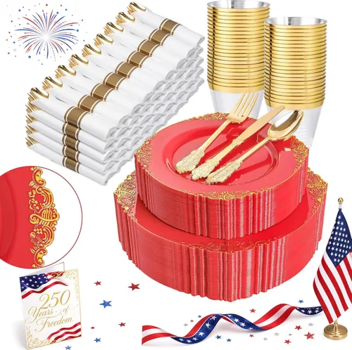 Miniatura 11 de Nervure 350 platos de plástico dorados, juegos de vajilla de plástico dorado para 50 invitados, 100 platos desechables, 150 cubiertos, 50 tazas, 50