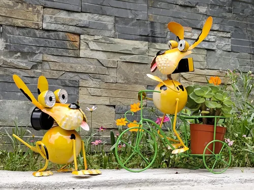 Miniatura 9 de Luces Solares para Perros para Exteriores Soporte para Plantas de Ciclismo, Arte de Patio Estatuas de Perro de Metal, Estatua Divertida