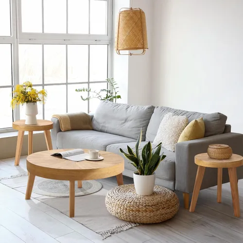 Miniatura 11 de HOKYHOKY Juego de 3 mesas de centro redondas estilo granja, mesas nido de estilo bohemio para sofá, mesas auxiliares con acabado natural de madera