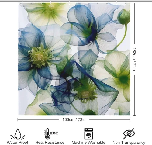 Miniatura 6 de YLATY2774 - Cortina de ducha de flores abstractas para baño, juego de cortina de ducha bohemia floral azul y verde, tela transparente, moderna