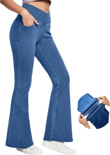 Miniatura 11 de IUGA Jeans de Cintura Alta Acampanados para Mujeres, Jeans Elásticos Acampanados Pull On de Pierna Ancha, Pantalones Leggings Acampanados con Cruz
