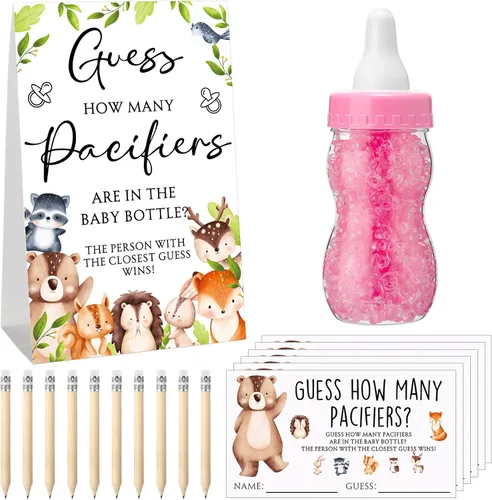 Miniatura 26 de Roowest 512 piezas de juegos de baby shower Adivina cuántos chupetes letrero, 100 pequeños juegos de adivinanzas, 10 lápices HB, botella de leche