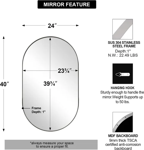 Miniatura 2 de ANDY STAR Espejo Ovalado Cromado Inoxidable para Baño, Espejo de Tocador Ovalado de 24x40 para Pared, Espejo de Níquel Pulido para Baño en Marco