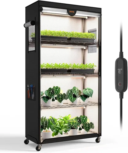 Bstrip Invernadero de interior con luz de crecimiento, soporte para plantas con paquete de 4 luces para plantas de 24W de espectro completo, estante