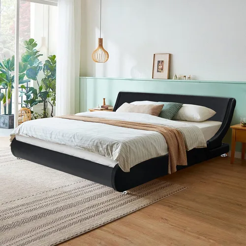 Miniatura 3 de NAFORT Base de cama tamaño Queen tapizada con cabecera ajustable curvada, moderna cama de plataforma de piel sintética de perfil bajo, soporte