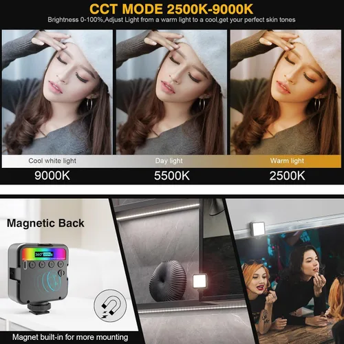 Miniatura 5 de Altson Luz de video LED RGB magnética Luz de cámara LED 360° a todo color Iluminación de fotografía portátil con 3 zapata fría, 2000mAh CRI