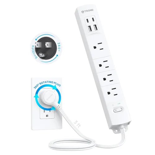 Miniatura 9 de TROND - Tira de alimentación de enchufe plano con cable de extensión plano USB de 10 pies, protector de sobretensión, montaje en pared, 2 puertos