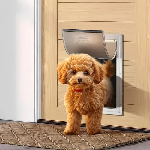 Miniatura 8 de VEVOR Puerta para mascotas para puertas interiores y exteriores, marco de aluminio, panel de cierre de metal y cerradura, puerta de perro fuerte