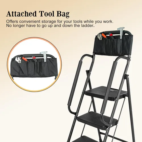 Miniatura 3 de Escalera de 3 escalones con pasamanos de seguridad, taburete plegable resistente con pedales anchos antideslizantes y pies, capacidad de 500 libras