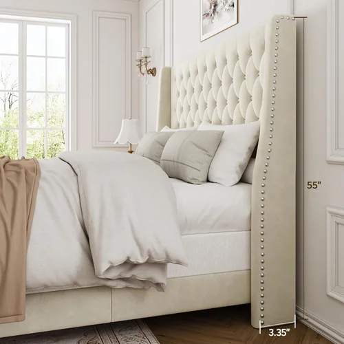 Miniatura 3 de Base de cama matrimonial con cabecero de 55 pulgadas de alto, marcos de cama tapizados, tela suave, cabecera capitonada con botones y parte trasera