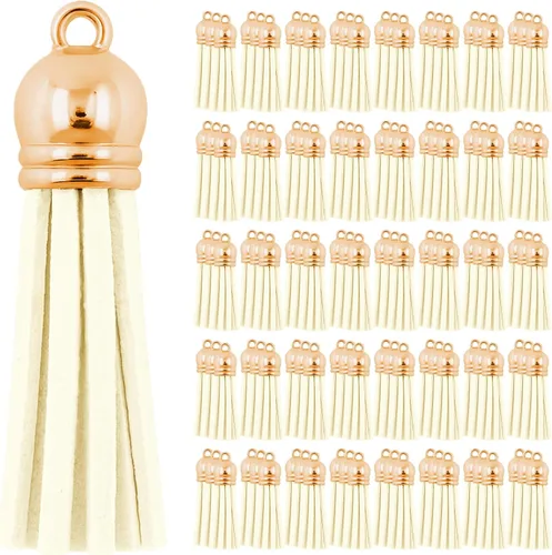 Miniatura 53 de Mandala Crafts 100 borlas de gamuza sintética color aguamarina con tapa dorada, suministros para hacer llaveros a granel, pequeñas borlas de cuero