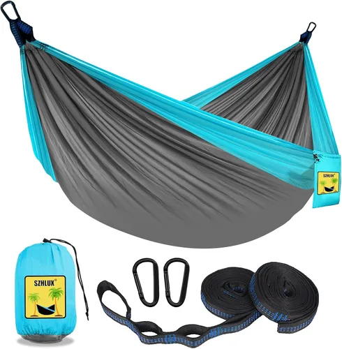 SZHLUX Hamaca de camping doble e individual Hamacas portátiles con 2 correas para árboles y bolsa de transporte adjunta, ideal para exteriores, Gris