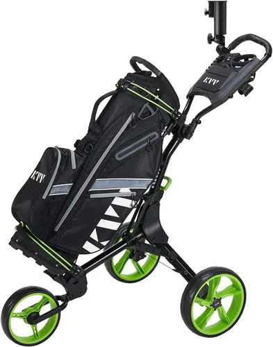 KVV Carrito de empuje de golf de 3 ruedas ultra ligero tamaño plegable más pequeño, soporte para tarjeta de puntuación de nueva versión Negro/Lime