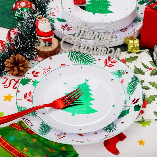 Miniatura 8 de Festiva 176 Piezas Platos de Plástico de Navidad Resistentes - Juego de Vajilla Desechable de Navidad - incluye 50 Platos 25 Cubiertos de Plástico
