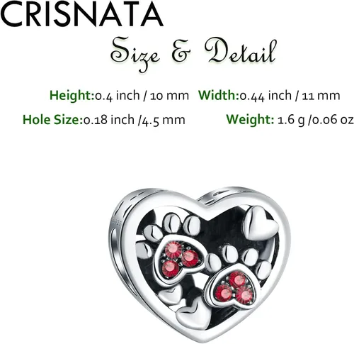 Miniatura 2 de CRISNATA Dijes con estampado de patas de cachorro con cristal Brithstone, plata de ley 925, cuentas de corazón con estampado de patas, se adapta a