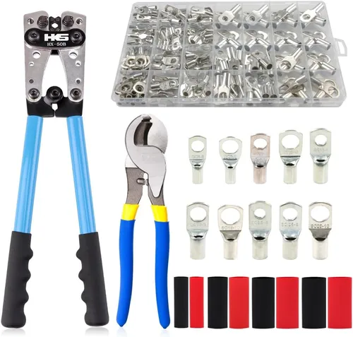 Miniatura 8 de HKS Herramienta de prensado de cable de batería para terminales de anillo de cobre AWG 10-1, crimpadora resistente para terminales de alambre