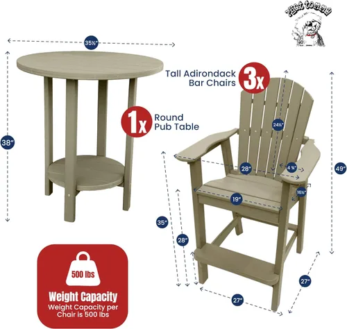 Miniatura 5 de Phat Tommy Juego de mesa y sillas de bar al aire libre - Muebles de polietileno - Material reciclado, juego de patio superior alto - Weatherwood