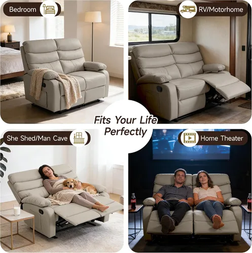Miniatura 8 de Sofá biplaza reclinable, sofá reclinable doble de cuero con bolsillo lateral, sofá biplaza reclinable de pared para sala de estar, caravana, cine