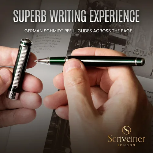 Miniatura 8 de Scriveiner British Racing Green Rollerball - Impresionante bolígrafo de lujo con acabado cromado, repuesto de tinta Schmidt, el mejor juego de 12.