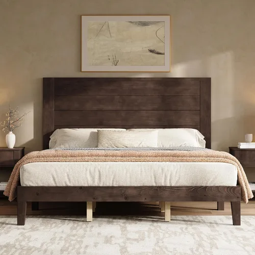 Miniatura 11 de AMERLIFE Base de cama tamaño Queen con cabecera de 48 pulgadas de alto, cama de plataforma de madera maciza moderna de mediados de siglo con sistema