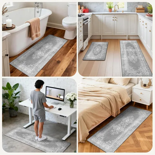 Miniatura 8 de Ileading Juego de 2 tapetes de cocina antifatiga, acolchados para piso, impermeables, antideslizantes, cómodos para cocina, oficina, fregadero, Gris