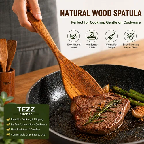 Miniatura 3 de Juego de utensilios de cocina de madera, 5 cucharas de madera de acacia natural para cocinar para sartén antiadherente, juego de utensilios