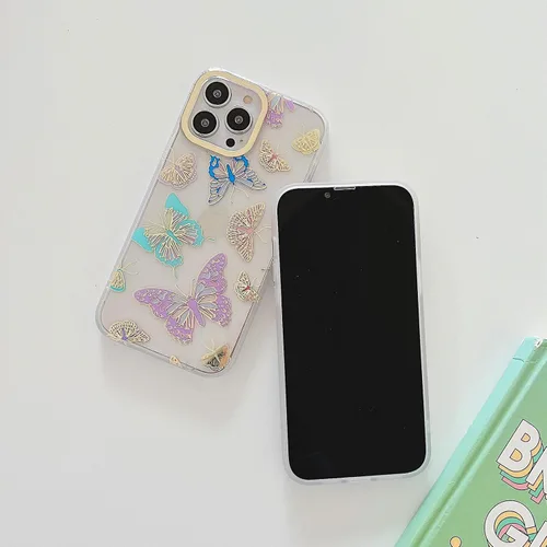 Miniatura 5 de Funda transparente con chispas brillantes para iPhone 15 Pro Max para mujeres y niñas, patrón de mariposas doradas, rosa y azul, funda protectora