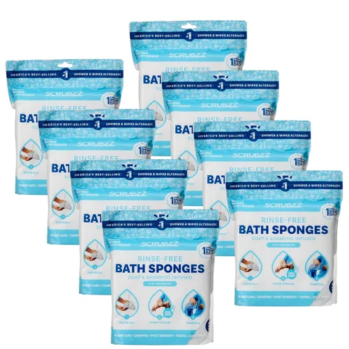 Scrubzz - Toallitas de baño desechables, sin enjuague, todo en 1, un solo uso, humedécelas, haz espuma y seca sin champú ni enjuagar (sin perfume, 8