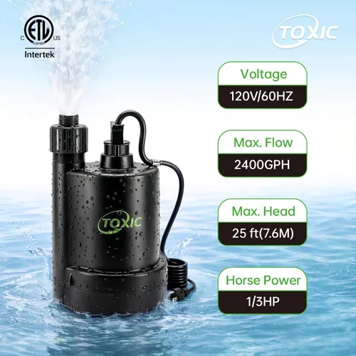 Miniatura 2 de Bomba de sumidero sumergible de 1/3 HP 2400 GPH Bomba de agua portátil de utilidad Bomba de drenaje termoplástico con cable de alimentación de 10