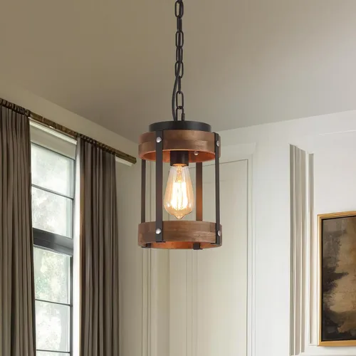 Miniatura 7 de Lámpara colgante de madera rústica de granja con cadena ajustable de una sola luz de madera de roble y farol de metal, iluminación colgante pequeña