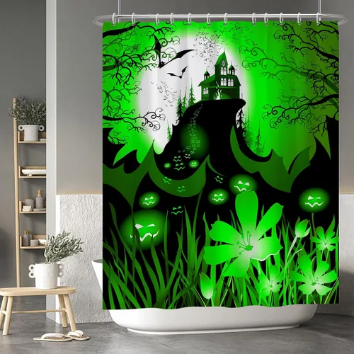 Miniatura 32 de Cortina de ducha de fantasma y gato negro para niños, 36 x 72 pulgadas, espeluznante y bonita, cortina de baño de Halloween con 6 ganchos, cortina