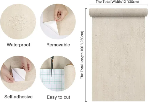 Miniatura 8 de CHIHUT Papel tapiz de mármol beige mate de 12 x 100 pulgadas, impermeable, autoadhesivo, extraíble, para encimeras de cocina, armarios, muebles