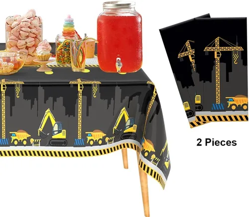 Miniatura 4 de 2 manteles de construcción desechables de plástico, suministros para fiestas de cumpleaños, manteles rectangulares de camión volquete para niños