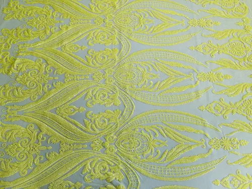 Miniatura 6 de Telón de fondo King INC Empire Damask Design con lentejuelas bordadas en una tela de malla elástica de 4 vías (amarillo brillante)