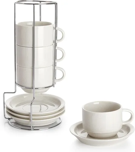 Miniatura 21 de Sweese - Juego de 4 tazas de espresso apilables de porcelana de 4 onzas con platillos y soporte de metal, color turquesa