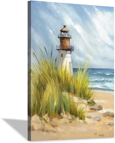 Miniatura 23 de Cuadro abstracto de playa para pared: camino de arena al océano con hierba marina pintura para dormitorio (16 x 12 x 1 panel)