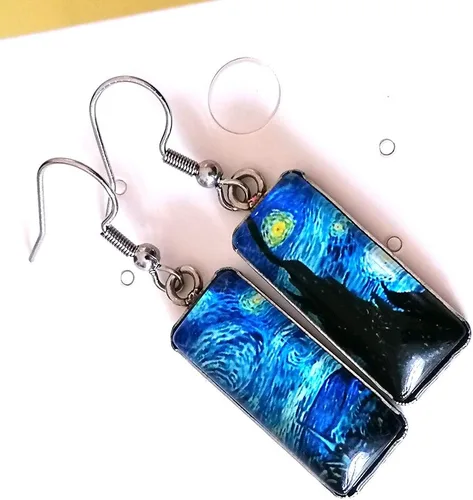 Miniatura 7 de Van Gogh - Aretes colgantes con diseño de girasol y cielo estrellado para mujer, aretes de arte abstracto