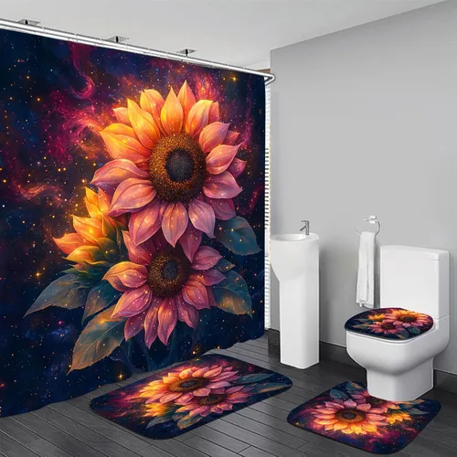 Miniatura 9 de AZHM Juego de 4 piezas de cortinas de ducha con alfombras Juego de baño de girasol decoración citas inspiradoras cortinas de baño juego de ducha