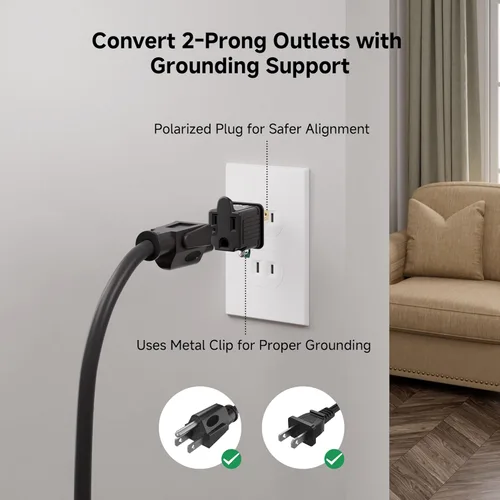 Miniatura 5 de Adaptador de toma de 2 clavijas a 3 clavijas Cable Matters de 3 paquetes [UL listado], adaptador de clavija de 3P a 2P: convierte una toma de 2 Negro