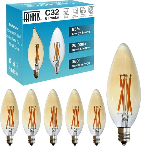 Miniatura 11 de Paquete de 6 bombillas LED Edison B10 C32, equivalente a 25 vatios, base E12, CRI 85-90 2700K blanco cálido, bombilla afilada de vidrio transparente
