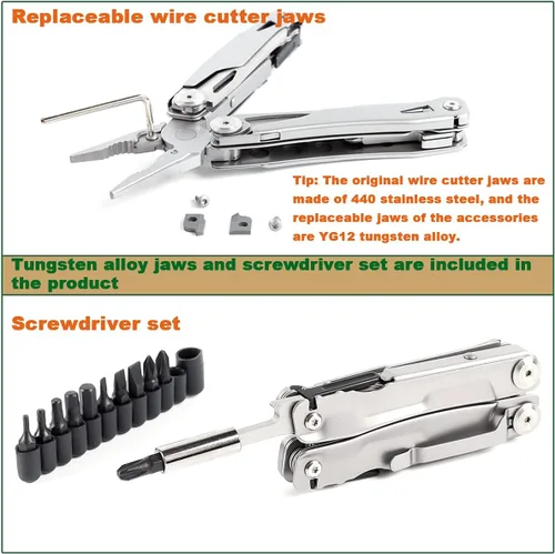 Miniatura 7 de Alicates multiherramienta Tijeras con mordazas reemplazables de bolsillo de acero inoxidable, alicates y tijeras con clip de bolsillo para camping