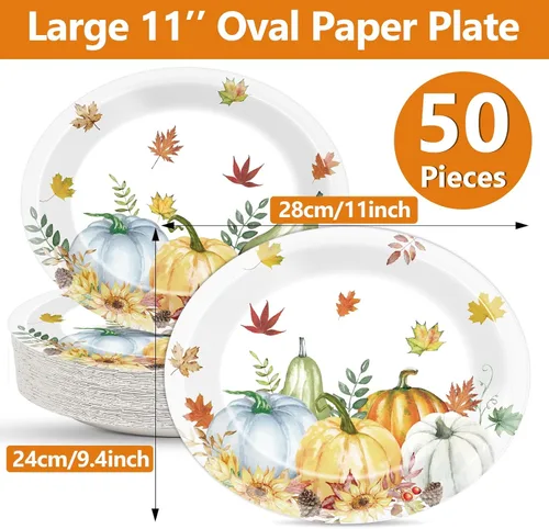 Miniatura 2 de Qyeahkj 50 platos de papel ovalados de Acción de Gracias, grandes, 11 pulgadas, desechables, hojas de otoño, decoraciones de fiesta, acuarela