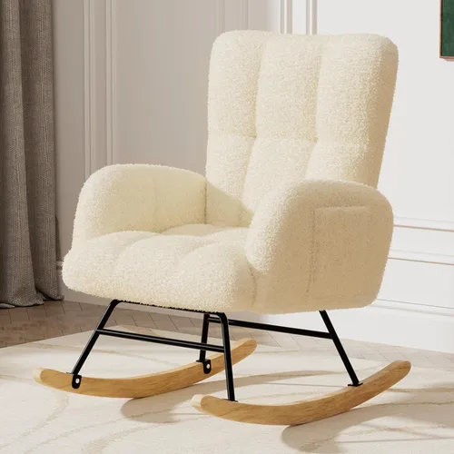 LUCKLIFE Mecedora para guardería, silla mecedora tapizada de peluche con respaldo alto, silla de lectura, sillas mecedoras modernas con bolsillos