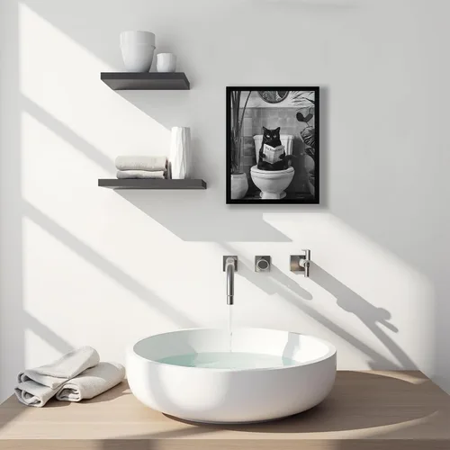 Miniatura 3 de SYWENNOI Arte de Pared en Lienzo Enmarcado en Blanco y Negro para Baño, Divertido Gato Negro Sentado en el Inodoro Leyendo Periódico Decoración