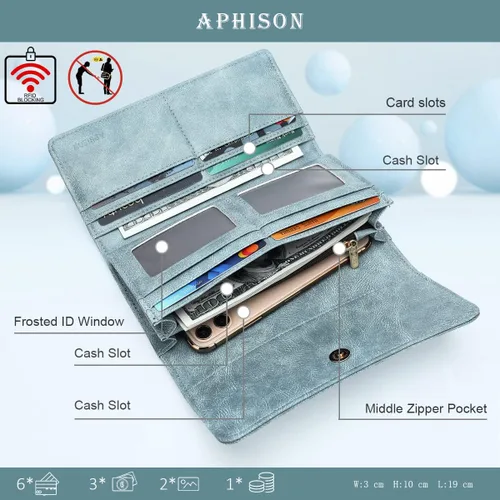 Miniatura 4 de Aphison - Cartera larga de cuero suave RFID para mujer, con caja de regalo