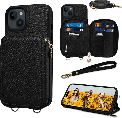 Funda compatible con iPhone 15 de 6.1 pulgadas, cremallera cruzada con ranuras para tarjetas de bloqueo RFID, soporte, cordón y correa de mano,