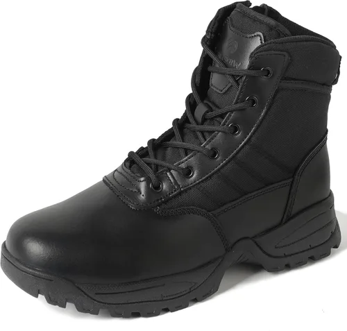 Miniatura 10 de Botas militares tácticas de trabajo para hombre, de piel negra, impermeables, para motocicleta, combate, militar, con cremallera lateral