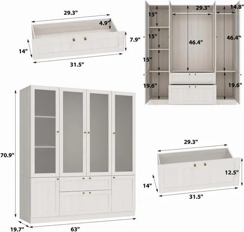 Miniatura 2 de MOUMON Armario grande con 4 puertas acrílicas y 2 cajones, armario con barra para colgar, para dormitorio, grano de madera